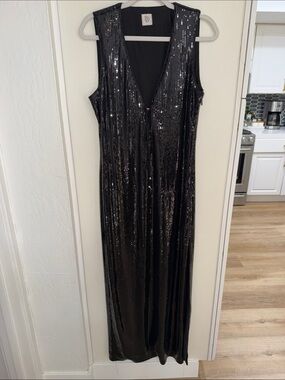 RNWY Black Sequin Maxi Dress with Plunge V-Neck | L